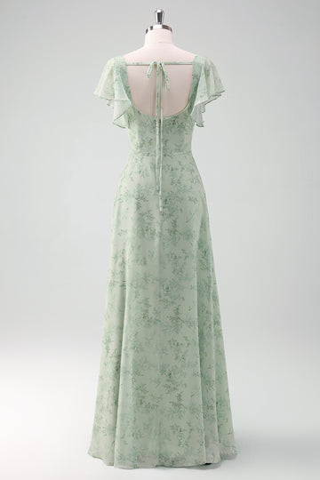 Dusty Sage Ruffled Floral Bridesmaid Dress with Slit